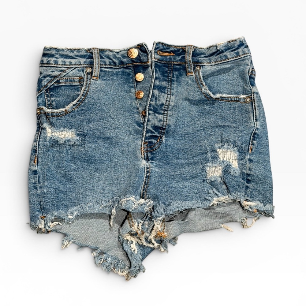 We The Free People Distressed High‎ Rise CRVY 2" Denim Shorts Button Fly Size 27